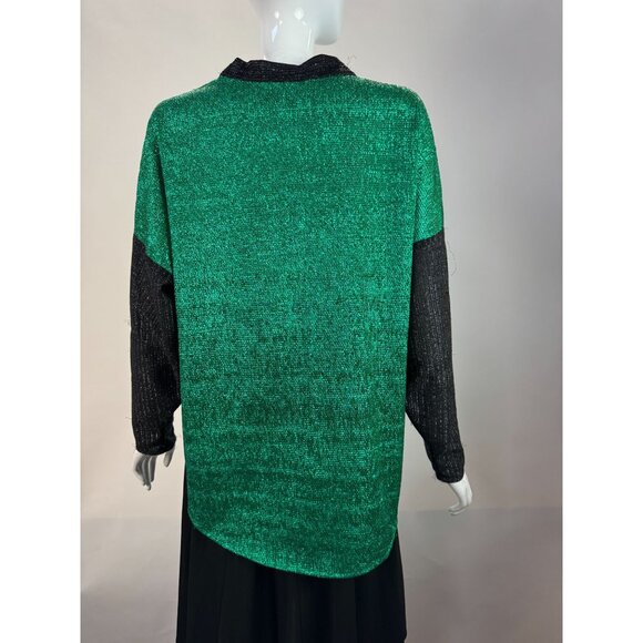 Vintage Green & Black Metallic Knit Long-Sleeve Top With Tie-Neck Detail - Picture 4 of 16